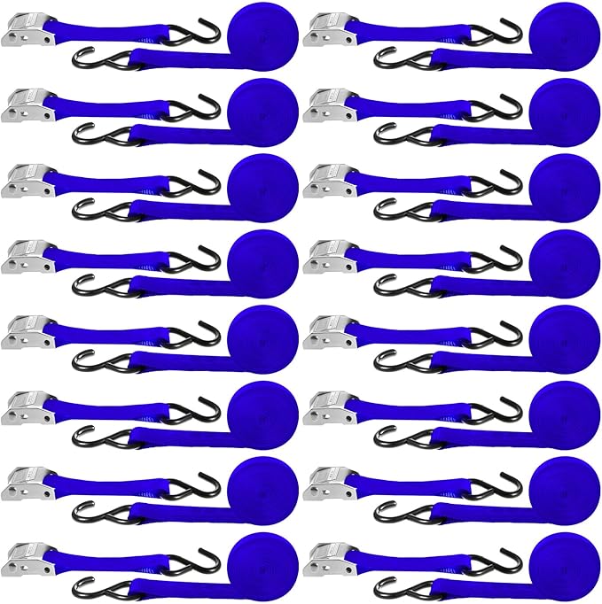 16 Pcs Cambuckle Tie Down Straps 1763lbs Break Strength Securing Straps 1'' x 15 ft Cambuckle Tie Downs with S Hook for Motorcycle, Kayak, Car, Truck, Boat Moving, Securing Cargo(Blue)