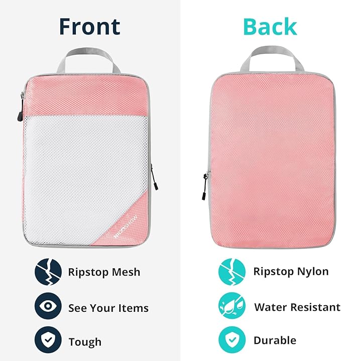 Compression Packing Cubes 3 Set, Compressible Space-Saving Packing Cubes for Travel - Compression Bags, Luggage Organizer, Travel Essentials for Women, Pink
