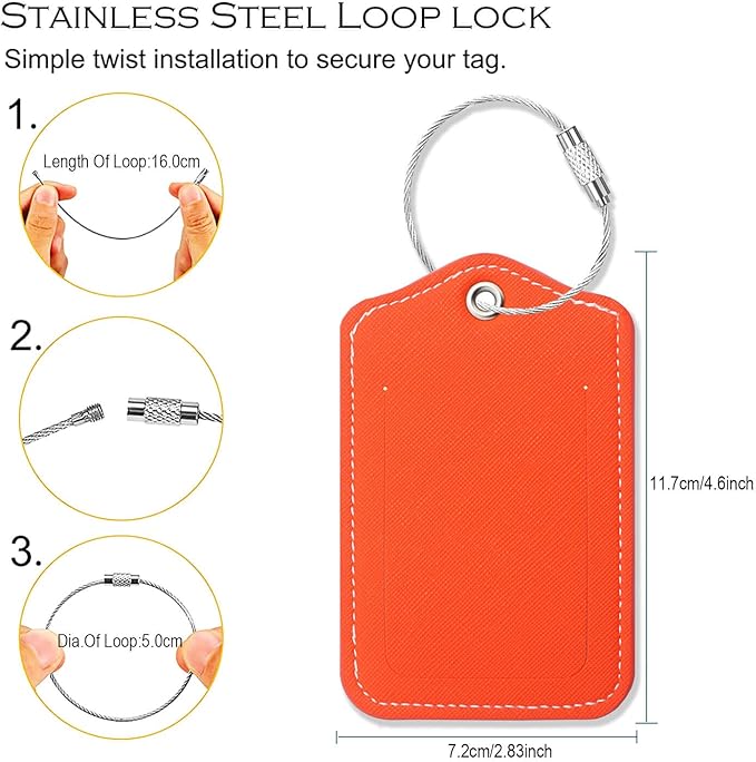 Luggage Tags for Suitcases-Leather Luggage Tag 4 Pack with Loops Cute Bag/Backpack/Suitcase Tags Travel Essentials for Flying (Orange)