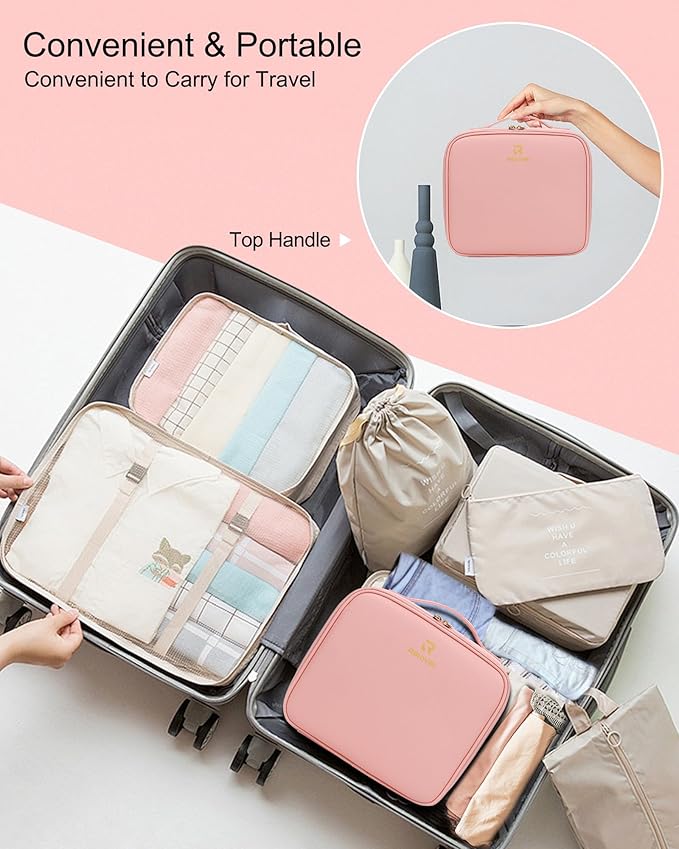 Relavel Makeup Bag with LED Mirror, Travel Makeup Case with Rechargeable Lighted Mirror 3 Color Lights, Dual Layer Cosmetic Box Makeup Brush Lipstick Holder Organizer for Women, Leather Pink