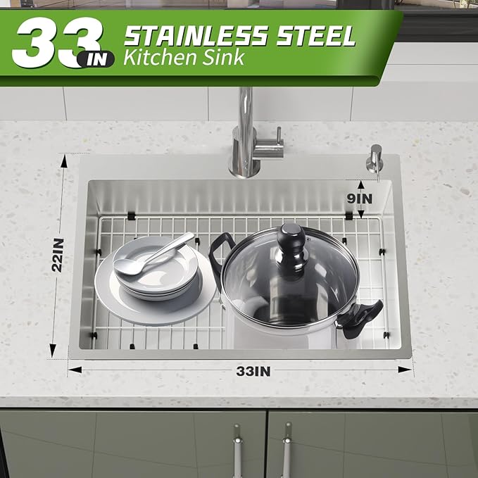 Stainless Steel Drop In 33x22 Inch Kitchen Sink - Modern Large Single Bowl Topmount Kitchen Sink Come With SS Grid,Silicon Mat,Drain Strainer Set Compatibility With Various Kitchen Styles