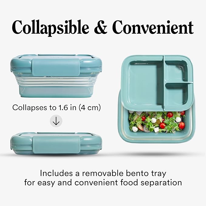 STOJO Collapsible Bento Box, Reusable, Leak-Proof, Microwave & Dishwasher Safe, Premium Lunch Container with Divider – Space-Saving, Transparent Design (Eucalyptus, 6-Cup/1.5L)