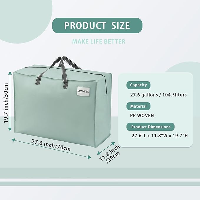VENO 6 Pack Heavy Duty Moving Bags, Storage Bags, Packing Supplies, Top Zipper, Storage Totes for Camping, Clothes, Bedding, Comforters, Pillows (27 Gallon Light Green, 6 Pack)
