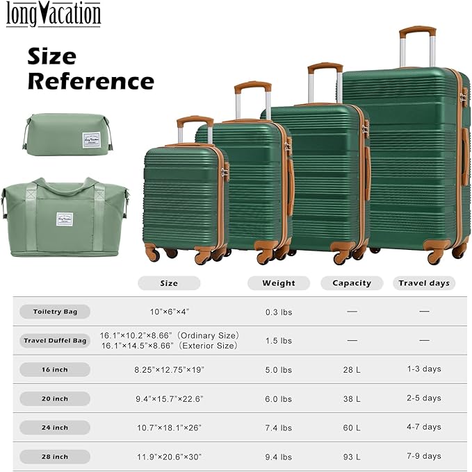 LONG VACATION 6 Piece ABS+PC Hardshell Luggage Set with Spinner Wheels, Lightweight suitcase set with TSA Lock & YKK Zipper