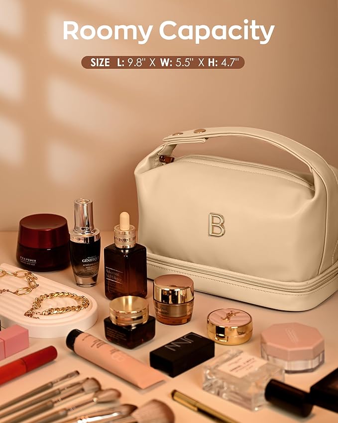 Girlfriend Gifts, Personalized Makeup Bag with Handle, Initial Double Layer Cosmetic Bag with Makeup Brush Organizer, PU Leather Travel Toiletry Bag Gifts for Women Her Friend Sister Mom Gift