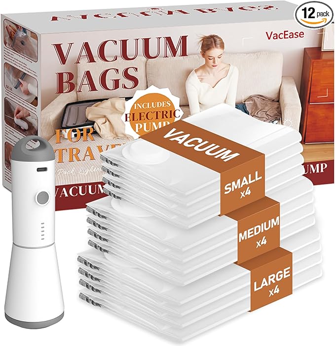 Travel Vacuum Bags with Wireless Charging Air Pump, 12 Pack Vacuum Storage Seal Bags for Clothing(4 Large+4 Medium+4 Small), Compression Packing for Clothes Suitcase Luggage