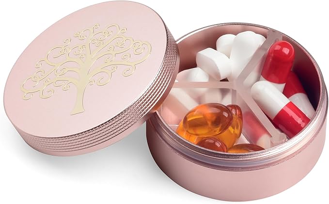 Small Pill Case 3 Compartments, Metal Round Portable Pill Box, Waterproof Travel Pill Organizer, Pocket Purse Medicine Vitamin Holder EDC Container (Rose Gold with Life Tree)