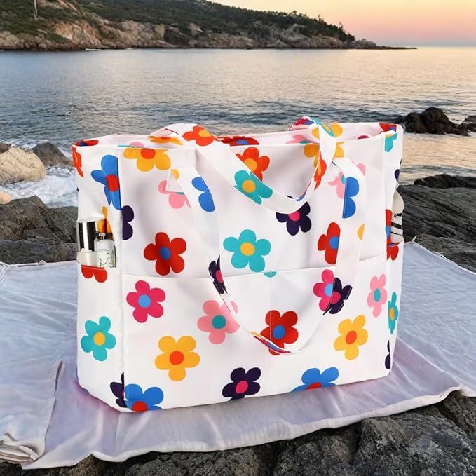 CAMTOP Waterproof Beach Tote Bag for Women Girls with Zipper Foldable Sandproof Pool Swim Bag Travel Carry On Gym