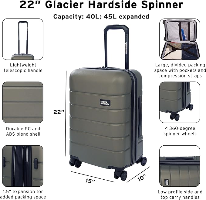 Eddie Bauer Glacier Carry-On 22" and Checked 30" Luggage | Hardside | Spinner Wheels | Expandable | Lightweight | Travel Essentials - Sprig Green