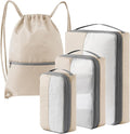 4 Set Compression Packing Cubes for Travel, Bonus Versatile Drawstring Backpack, Lightweight Luggage Organizer Bags, Sturdy Travel Accessories for Suitcase, Beige