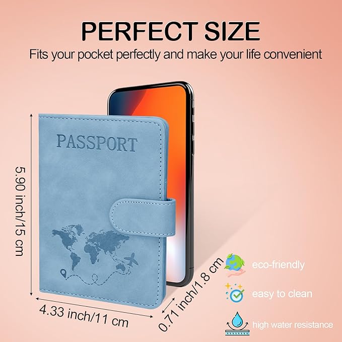 Passport Holders, RFID Blocking Credit Card Holder, PU Leather Vaccine Card Holders for Travel with Magnetic Buckle, Travel Must Haves Cruise Ship Essentials for Men, Women (Blue)
