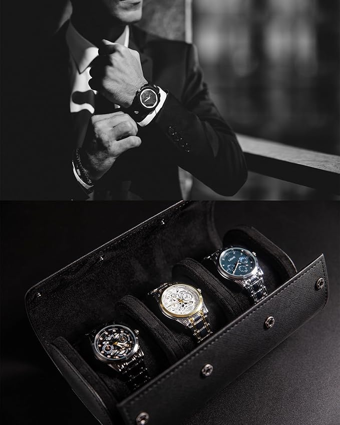 MR.OKAY 3 Watch Travel Case- Classic Leather Watch Case With Superb Texture.Portable Watch Roll Or Organizer For Storage And Display. Travel Gift for Men, All Handcrafted By Leather Craftsmen.