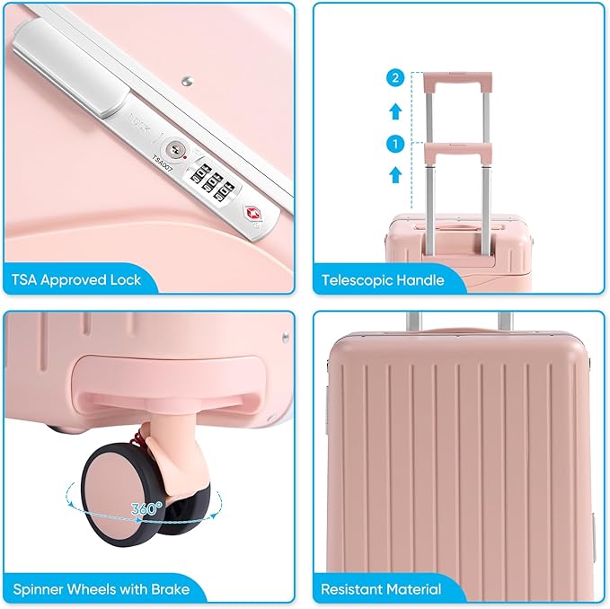 TABU 20" Ride-on Luggage with Seat For Kids & Adults，Carry On Hardshell Ride On Suitcase with 360° Lockable Spinner and TSA Lock, Pink
