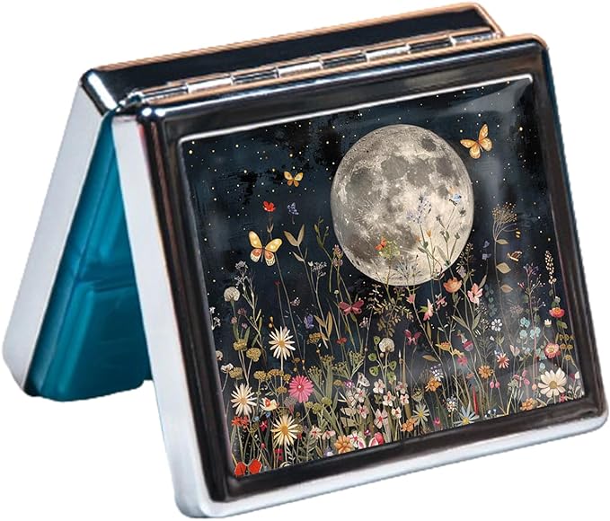 Cute and Portable Metal Pill Organizer – 8 Compartments, Elegant Chrome Finish, Ideal for Travel and Daily Use (Moonlit Garden)