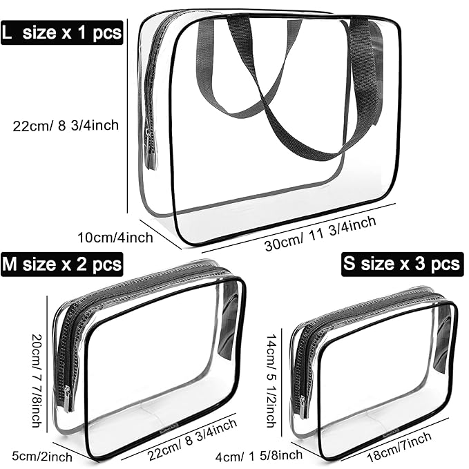 APREUTY Clear Makeup Bags, TSA Approved 6 Pcs Cosmetic Makeup Bags Set Clear PVC with Zipper Handle Portable Travel Luggage Pouch Airport Airline Vacation Organization (Black)