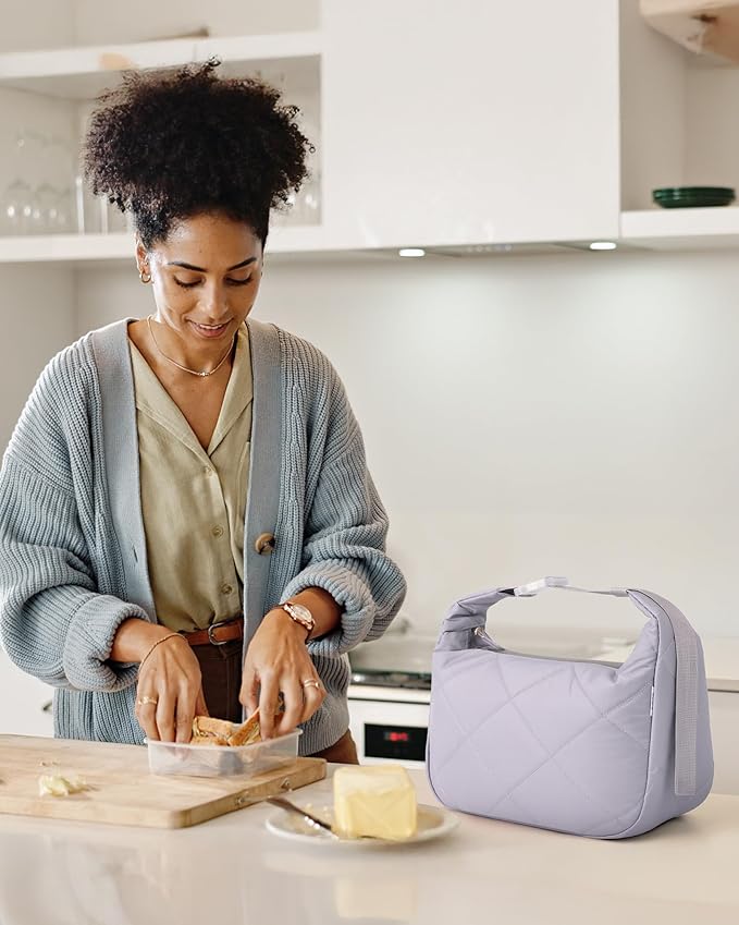 Insulated Lunch Bag for Women, Quilted Reusable Lunch Box with Adjustable Strap, Waterproof Cute Puffy Bento Tote, Stylish Cooler Bag for Work, Picnic or Travel, Light Purple