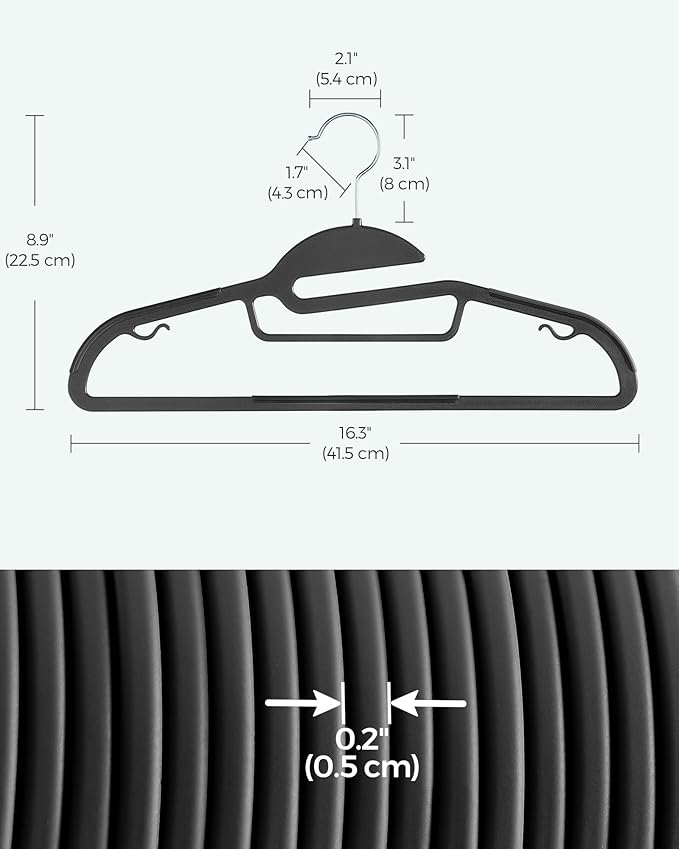 SONGMICS 50 Pack Coat Hangers, Heavy-Duty Plastic Suit Hangers, S-Shaped Opening, Space-Saving, 360º Swivel Hook, 16.3 Inches Wide, Ink Black UCRP41BK-50