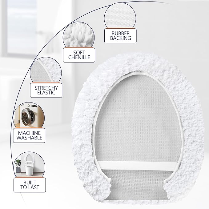 Microfiber Elongated Toilet Seat Cover 19.5"x 15" Machine Washable Solid Toilet Lid Cover Adjustable Rubber Backing Fits Most 18-19.5" L x 14-16" W Elongated Toilet Seat