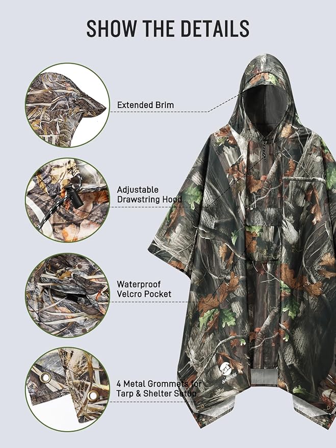 SaphiRose Extra Thick Hooded Rain Poncho Double Layer Waterproof Raincoat Jacket for Men Women Adults