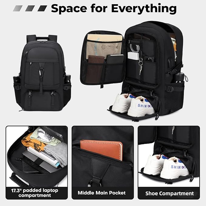 17.3 Inch gym backpack with shoe compartment,50L Multiple Compartments Backpacks, Airline Approved Carry on Travel Daypack Anti Theft with USB Charging Port,for Men Women Travel Work Business