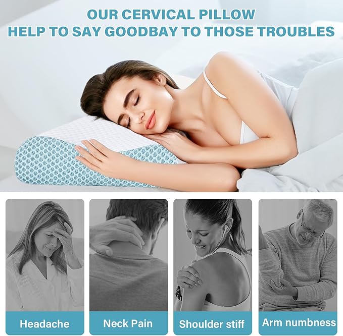 Neck Pillow Memory Bed Foam Pillows - Neck Support Pillow for Pain Relief, Ergonomic Cervical Pillow for Sleeping, Orthopedic Contour Bed Pillow for Side, Back, Stomach Sleepers,Blue