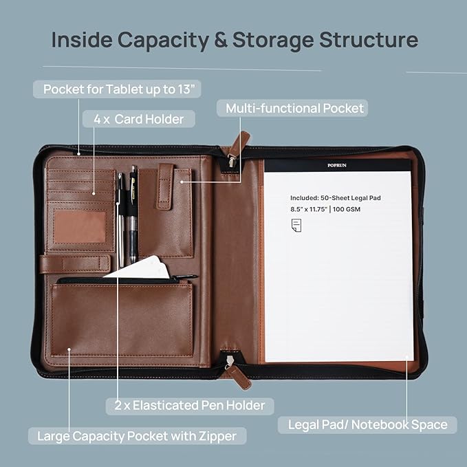 POPRUN Portfolio Binder with Zipper, Leather Padfolio Document Organizer with Storage, Professional Business Briefcase Ideal for Meeting Presentation Work-Includes 50 Sheet Writing Pad, Brown
