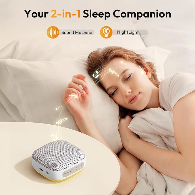 Portable Sound Machine for Travel, White Noise Sound Machine for Sleeping with Night Light, Mini Noise Machine with 20 Quality Non-looping Sounds, Headphone Jack, Memory, Timer for Adults,Hotel