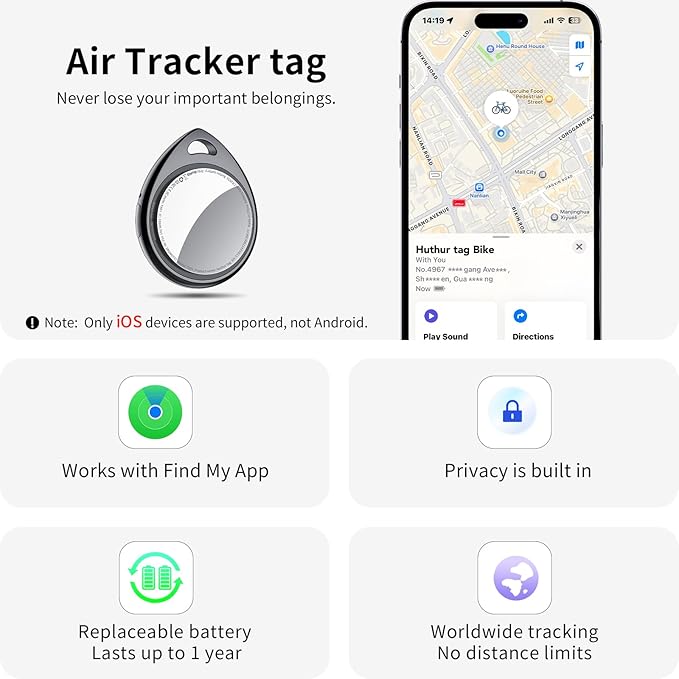 Air Tracker Tags-4 Pack, 5.3 Bluetooth Tracker Work with Apple Find My (iOS Only), 100dB Sound, Smart Tag with Keychain/Lanyard, Item Finder for Luggage/Key/Suitcase, Replaceable Battery, Black.