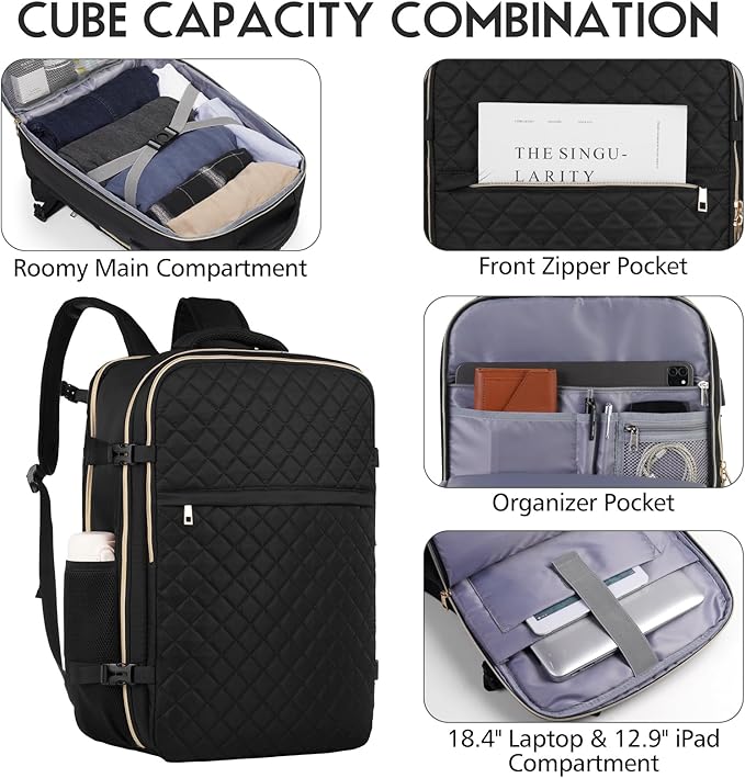 MOMUVO Large Travel Backpack Women, Flight Approved Carry On Backpack with 3 Packing Cubes, Water Resistant Anti-Theft Large School Bag Fit 18.4 Inch Laptop with USB Charging Port, Black