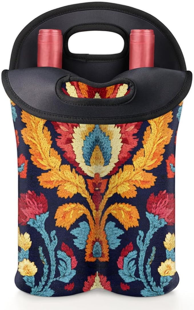 Neoprene Wine Tote, Bottle Carrier Gag Insulating Neoprene Thicker, Insulated Wine Bag for Travel Holds Two Bottles, Bottle Carrier Bags Protect the Bottles, Colorful Totem