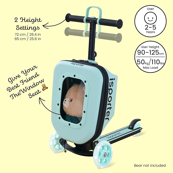iSporter Luggage Scooter for Kids Ages 2-5 | Ride-On Suitcase Scooters for Boys Girls | Foldable & Height Adjustable, 110lbs Max
