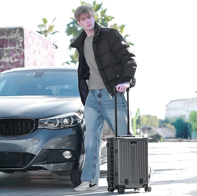 UrbanExplorer 24 Inch Check-In Aluminum Frame Luggage, ABS+PC Hard Shell Suitcases with Spinner Wheels TSA Approved Checked Luggage, Zipperless Suitcases with Cup Holder, Gray