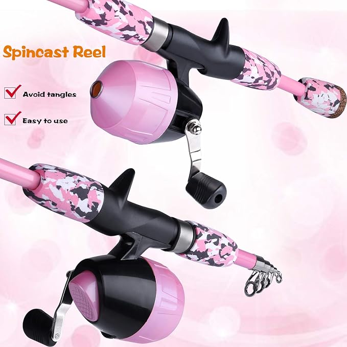 ODDSPRO Kids Fishing Pole Pink, Portable Telescopic Fishing Rod and Reel Combo Kit - with Spincast Fishing Reel Tackle Box for Girls, Youth