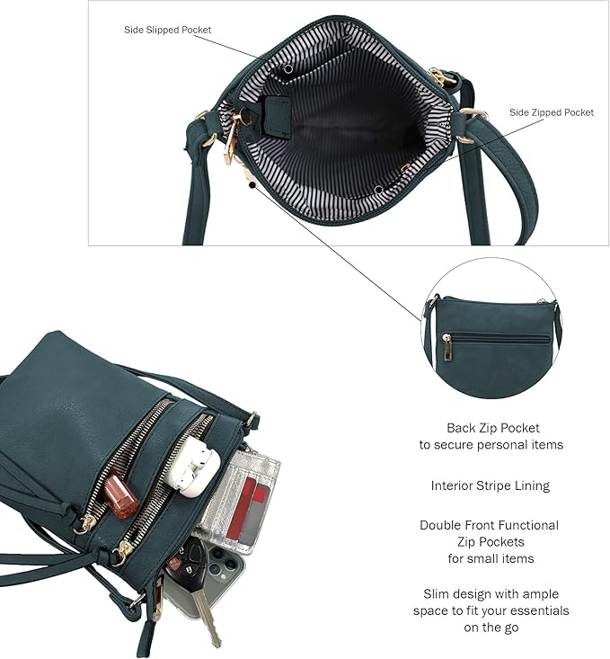 DELUXITY | Crossbody Purse Bag | Functional Multi Pocket Double Zipper Purse | Adjustable Strap | Medium Size Purse |GN