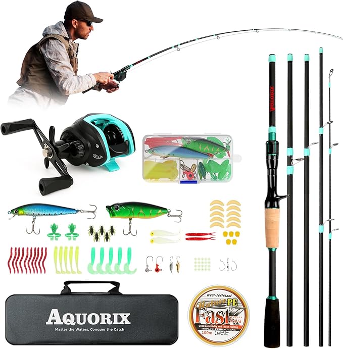 Fishing Pole Combo Set – Spinning & Baitcasting Travel Lure Rod Kit, Medium Power, X-Fast Action, 5'11"/6'11", 4/5-Piece Carbon Fiber Rod with Bag & Accessories