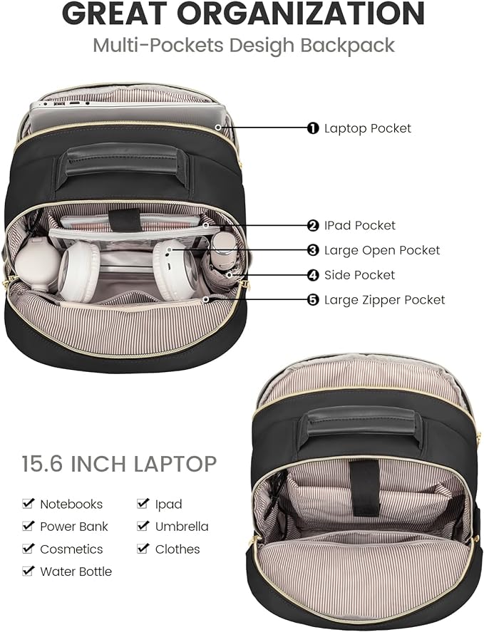 LOVEVOOK Laptop Backpack Purse for Women, Work Travel Computer Bags, College School Backpack for Student Girl, Quilted Casual Daypack with USB Port, Fit 15.6 Inch Laptop, Black