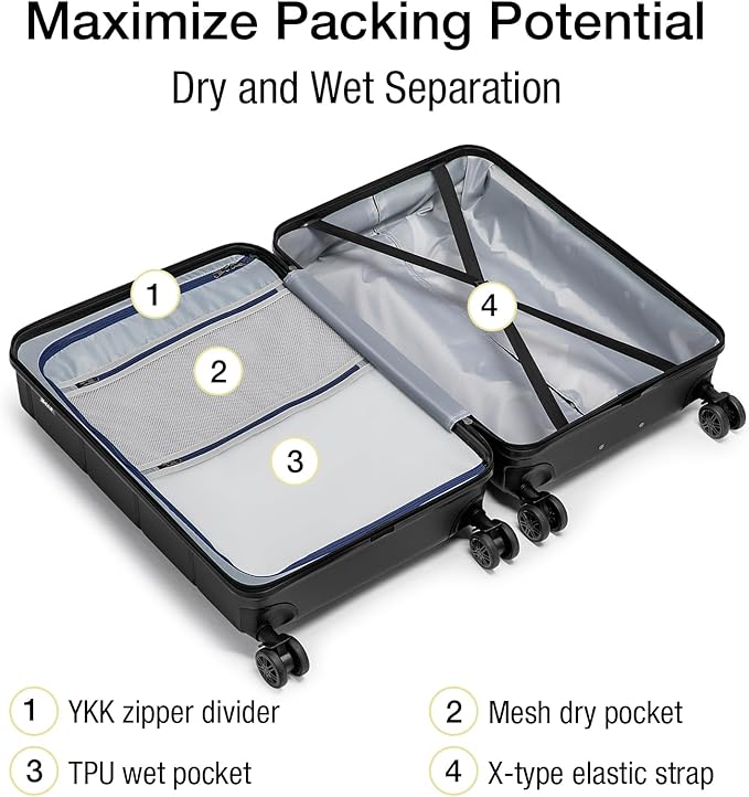 KYME 26 Inch Luggage TSA Approved Hardshell 26" Suitcases with Spinner Wheels Durable Medium Travel Checked Luggage with Cup Holder for Women Men Black