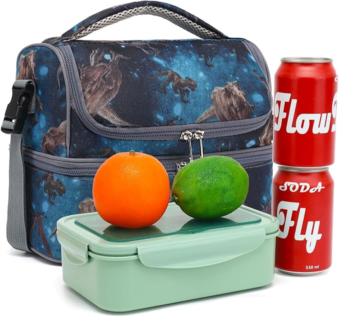 FlowFly Double Decker Cooler Insulated Lunch Bag Large Tote for Boys, Girls, Men, Women, With Adjustable Strap, MyDinosaur