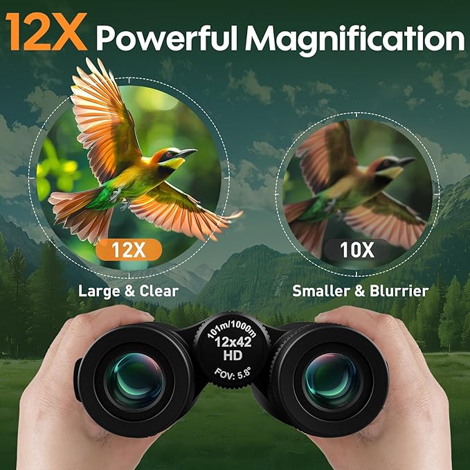 12x42 Binoculars for Adults High Powered: Waterproof HD Bird Binoculars - Large View Easy Focus with Clear Low Light Vision for Hunting Hiking Bird Watching Travel Cruise Black
