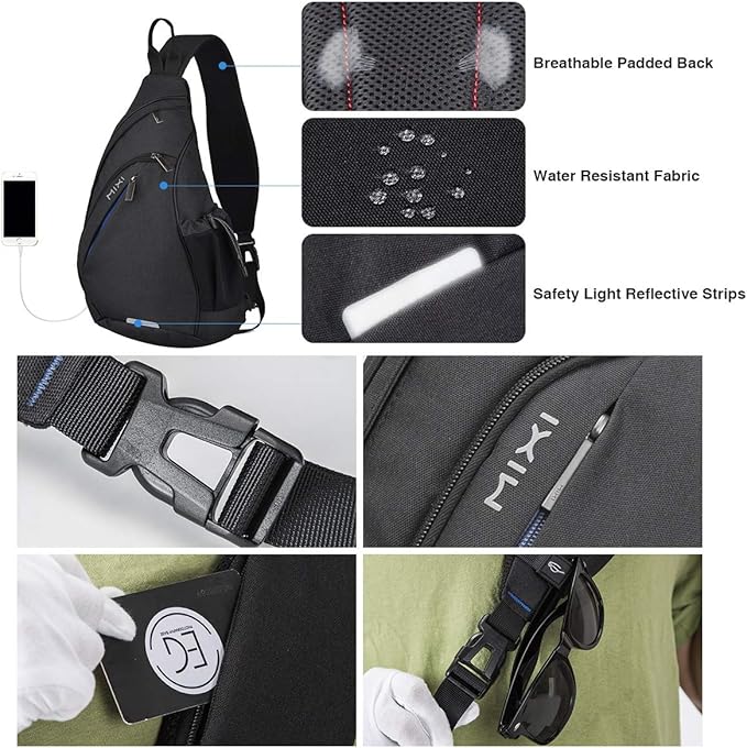 mixi Sling Bag Men Backpack Unisex One Shoulder Bag Hiking Travel Backpack Crossbody with USB Port for Men Women Versatile Casual Daypack-20 inch,Black