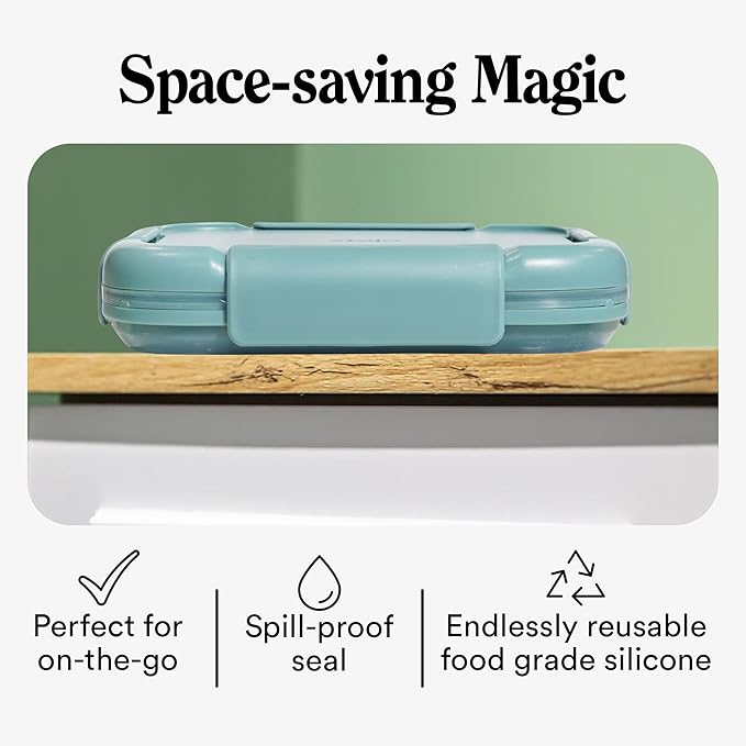 STOJO Collapsible Bento Box, Reusable, Leak-Proof, Microwave & Dishwasher Safe, Premium Lunch Container with Divider – Space-Saving, Transparent Design (Eucalyptus, 6-Cup/1.5L)