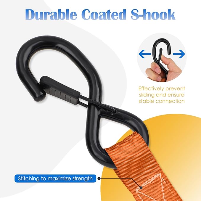 Ratchet Straps 4 Pack - 5,208 Lbs Break Strength 1.5 in x 8.2 Ft Heavy Duty Ratchet Tie Down Straps with S Hooks Set for Truck, Cargo Van, Trailer, Motorcycle (Orange)