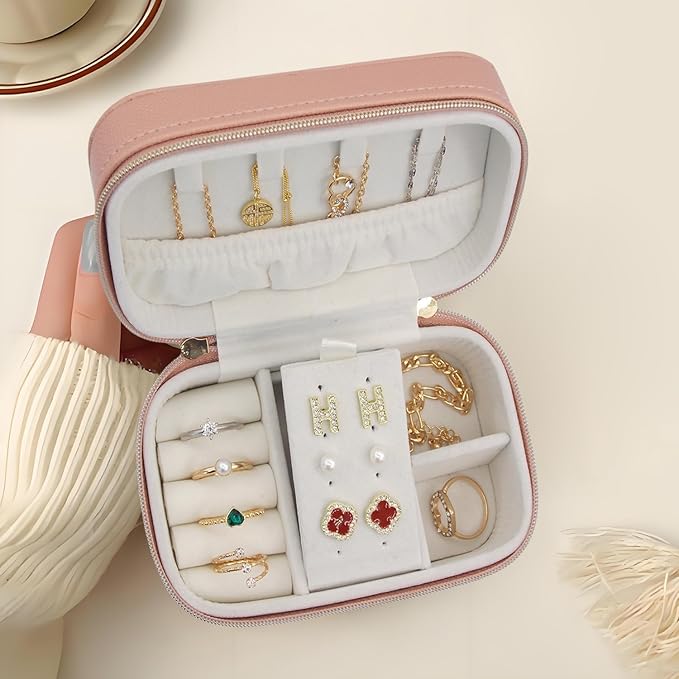 Small Jewelry Travel Case For Womens Small Rectangle PU Leather Jewelry Box With Zipper 2.56" H Portable Travel Jewelry Case For Earring Rings Necklaces Bracelets Pink Jewelry Gifts Box