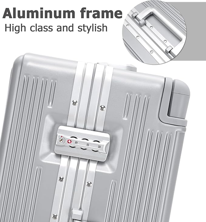 feilario 20" Aluminium Frame Hardside PC Carry on Luggage - Wide Handle Double Spinner Wheels Suitcase with TSA lock