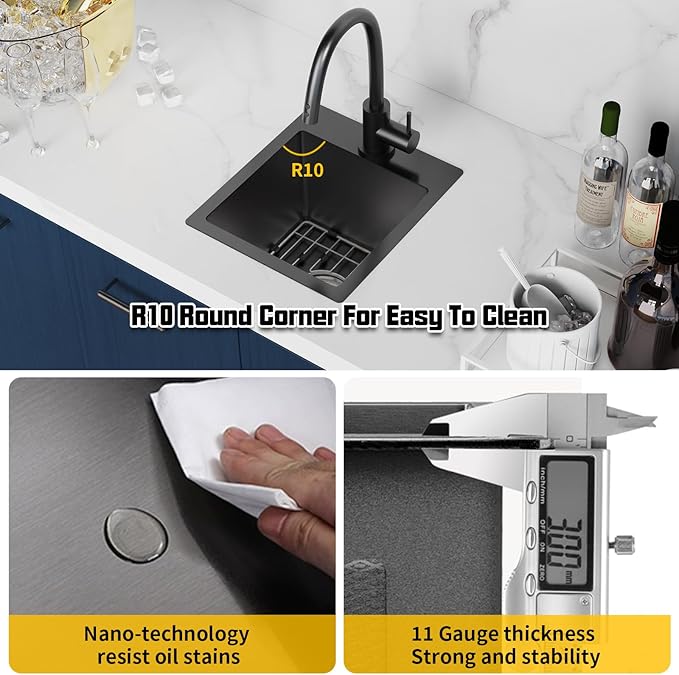 Small Black Kitchen Sink,13x15 Inch Stainless Steel Drop In Topmount Kitchen And Bar Sink Ideal Choice For Small Space, Prep Area, RV With Bottom Grid,Soap Mat And Drain Assembly