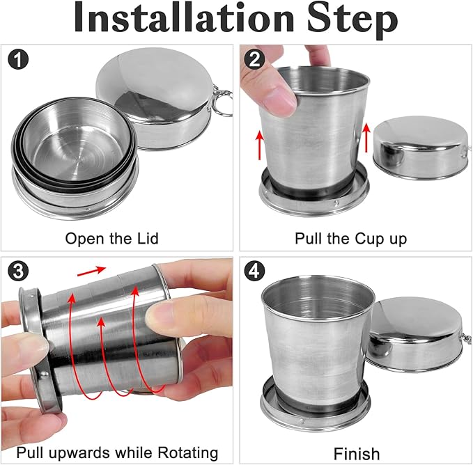 Guyuyii 3-Pack Collapsible Cups with Lid and Keychain – Stainless Steel Foldable Drinkware for Travel, Outdoor Activities, Home Use, Camping, Work, Events, Daily Hydration, and Amusement Parks