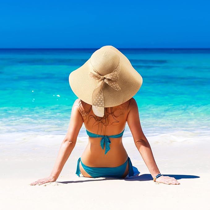 DRESHOW Beach Hats for Women Big Straw Wide Brim Summer Hat Floppy Foldable Roll up Cap Sun Hat UPF 50+