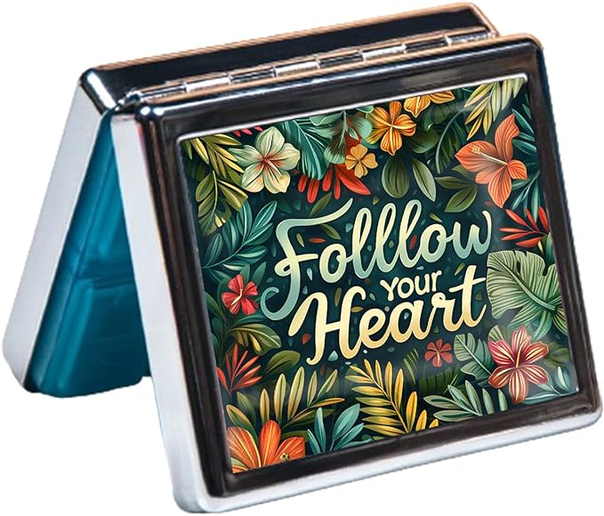 Cute and Portable Metal Pill Organizer – 8 Compartments, Elegant Chrome Finish, Ideal for Travel and Daily Use (Follow Your Heart Floral)