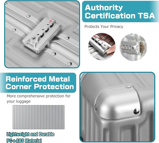 AnyZip Luggage Aluminium Frame Suitcase Hard Shell TSA Lock No Zipper 28In Silver