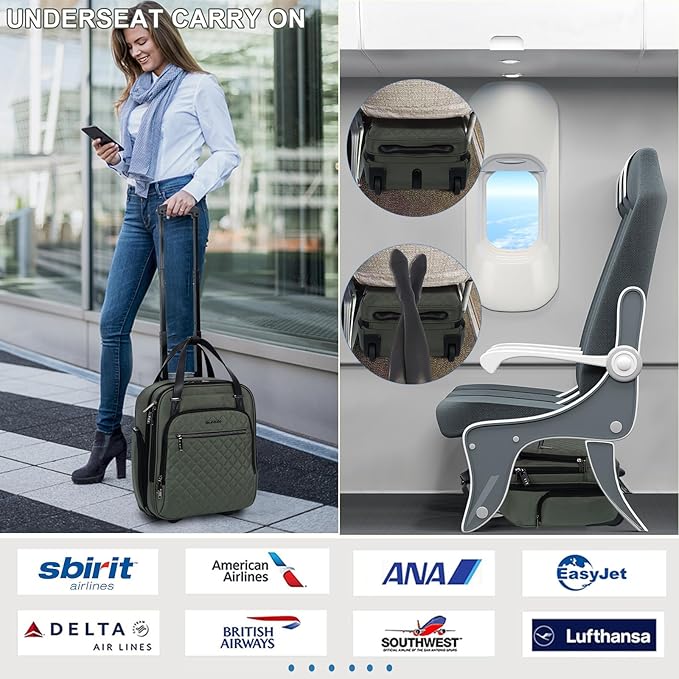EMPSIGN Underseat Carry On Wheeled - 16" Carry on Bag with Wheels Multi-functional Lightweight Rolling Bag Overnight Weekender Small Suitcase for Women Men Travel Business, Army Green